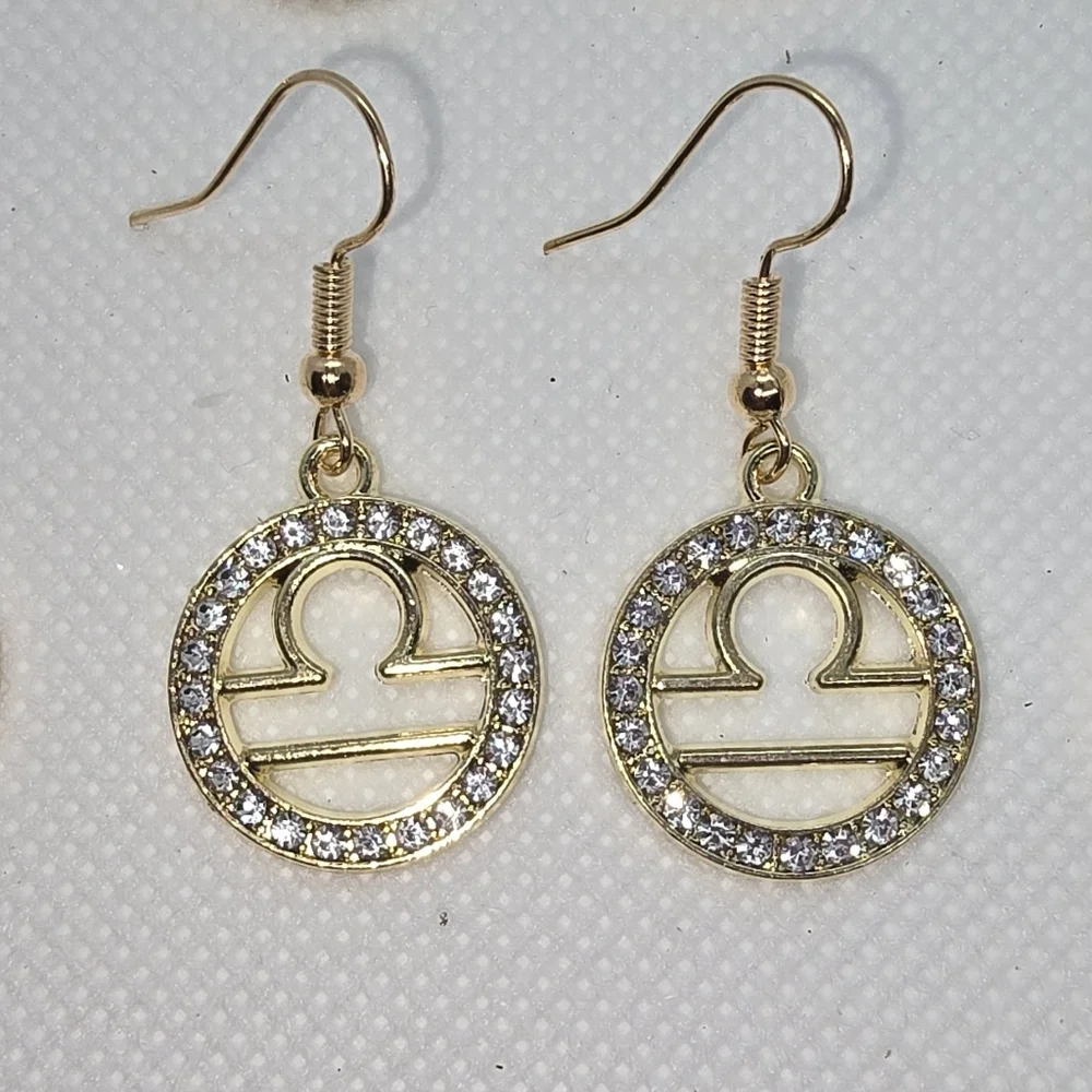 Zodiac Sign Hook Earrings! Hypo-Allergenic Handmade Gold Color with Cubic Zircon